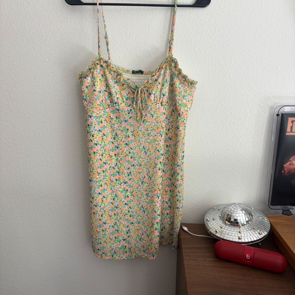 Wild Fable Floral Mini Dress Green Orange Pink Ruffle Smocked Back Womens Size M - Picture 3 of 8